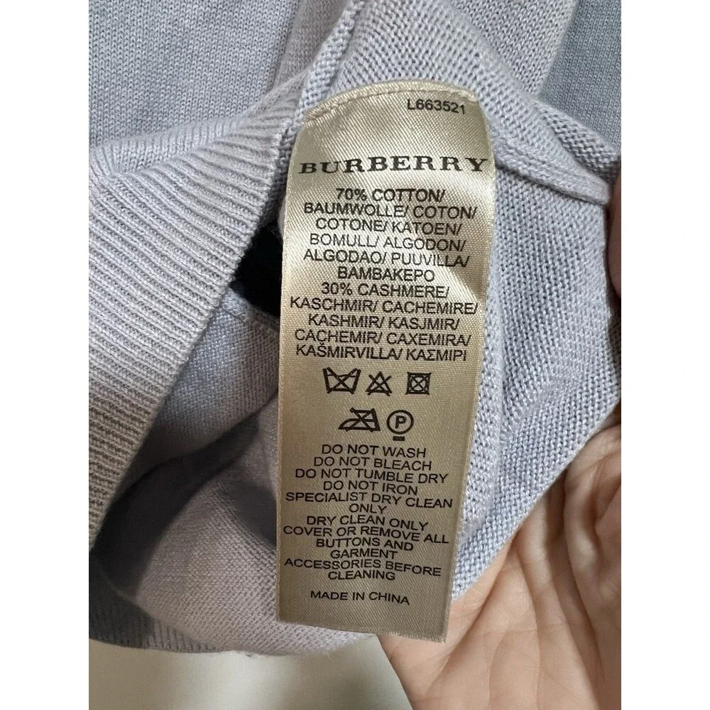 Burberry Nova Check Cardigan Sweater Cashmere Blend Elbow Patches Sky Blue